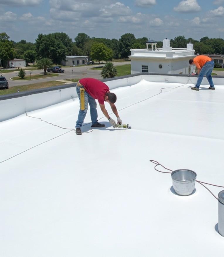 Crew completing tpo roof repair Seattle on flat membrane