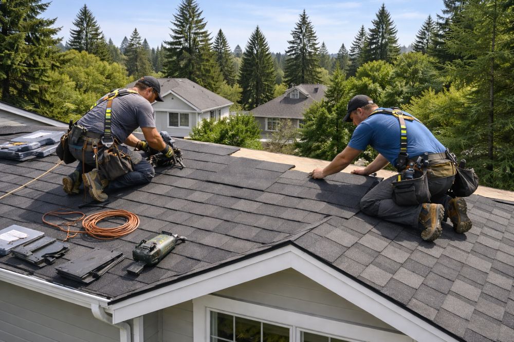 Roofing contractor in Redmond WA installing architectural asphalt shingles on a residential roof