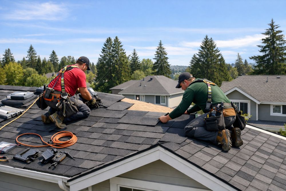 Roofing contractor in Renton WA installing a new asphalt shingle roof on a residential home