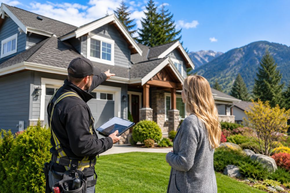 A roofing professional from Atlas Roofing meets with a homeowner during a residential roof inspection in Snoqualmie, Washington. The contractor reviews roofing conditions while pointing toward the asphalt shingle roof of a large residential property surrounded by evergreen trees and mountain views. This image represents residential roof inspection services, roof condition assessments, storm damage evaluations, and preventative roofing maintenance for homeowners in Snoqualmie WA.
