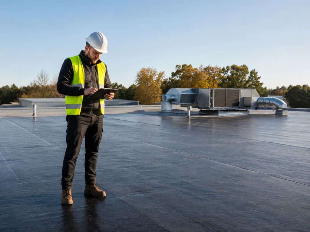 Technician using a tablet on a flat roof with HVAC units during a commercial roof inspection in Seattle, WA.