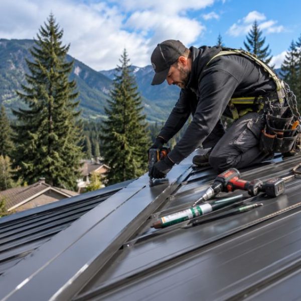 A roofing technician performs metal roof repair on a residential property in Snoqualmie, Washington. The image shows a contractor inspecting and repairing standing seam metal roofing panels while using professional roofing tools and fall protection equipment. Evergreen trees, mountain scenery, and a well-maintained home create a realistic Snoqualmie setting. Atlas Roofing provides metal roof repair services in Snoqualmie WA, helping homeowners address leaks, damaged panels, loose fasteners, flashing issues, and weather-related roof damage.